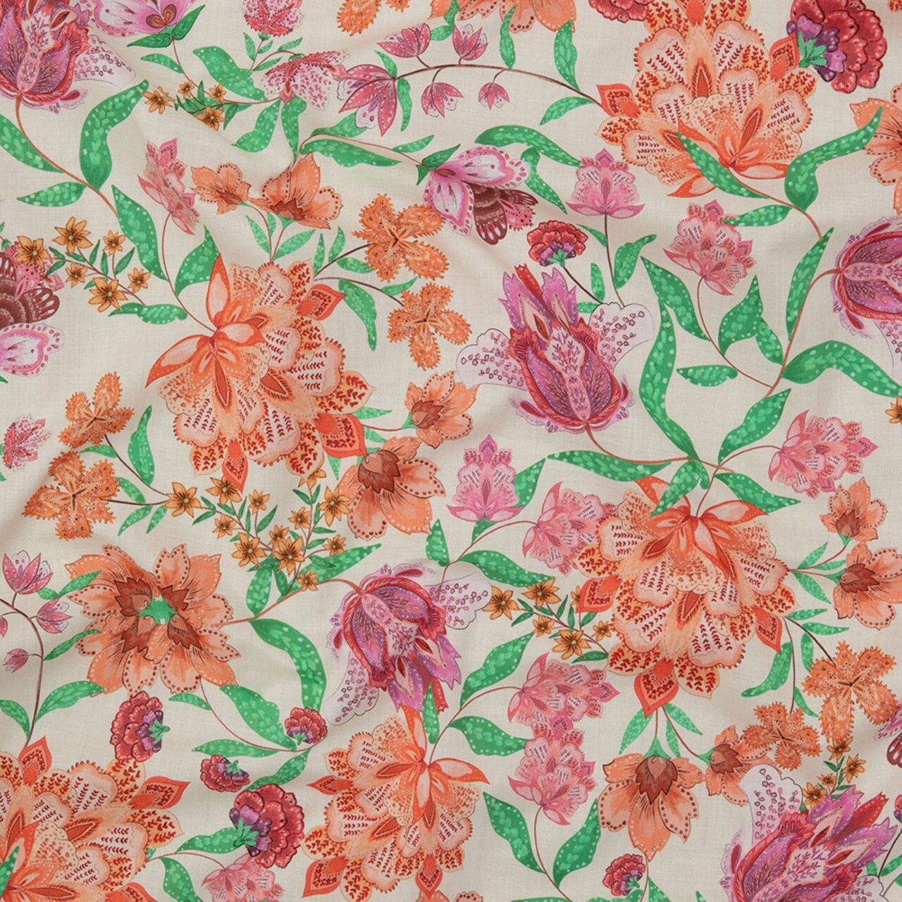 1 Yard Pink and Orange Floral Cotton Voile Lennox Estate Print Fabric